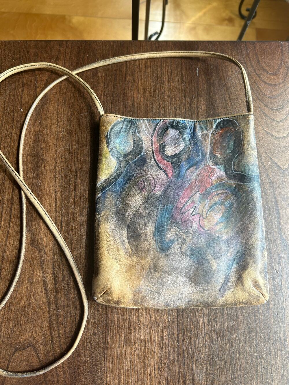 Vintage Jane Yoo hand-painted leather wearable art crossbody bag